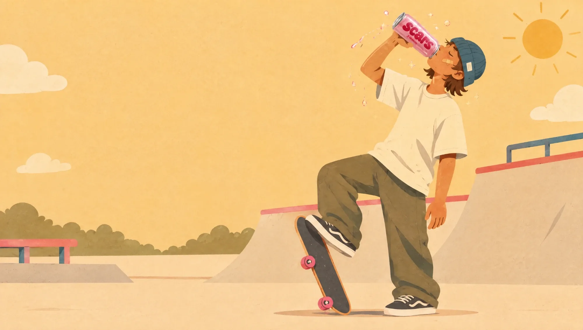 Illustration: a skater at the park chugs a can of scars Kickflip