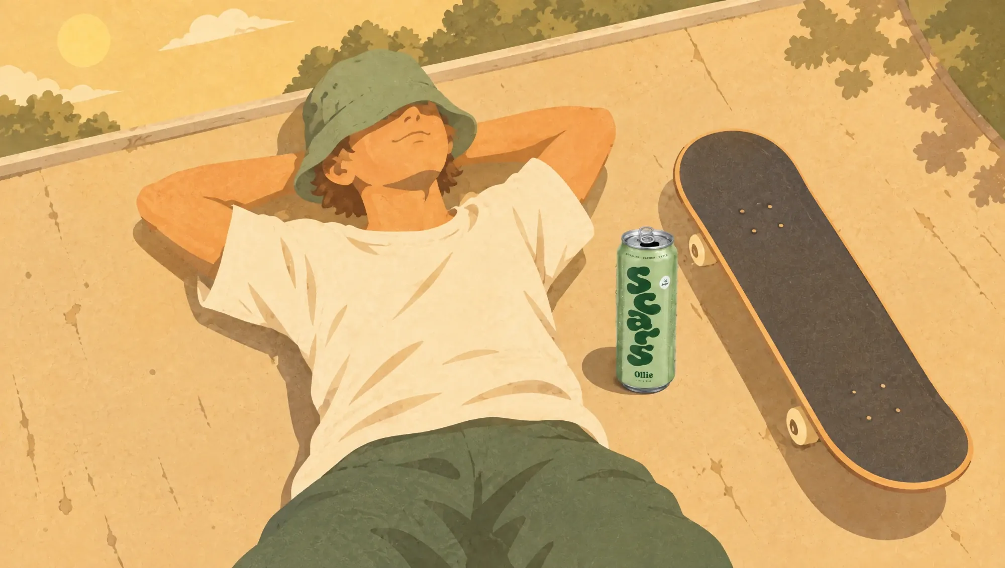 Illustration: a skater lies on the ramp in the sun next to a can of scars Ollie and his board